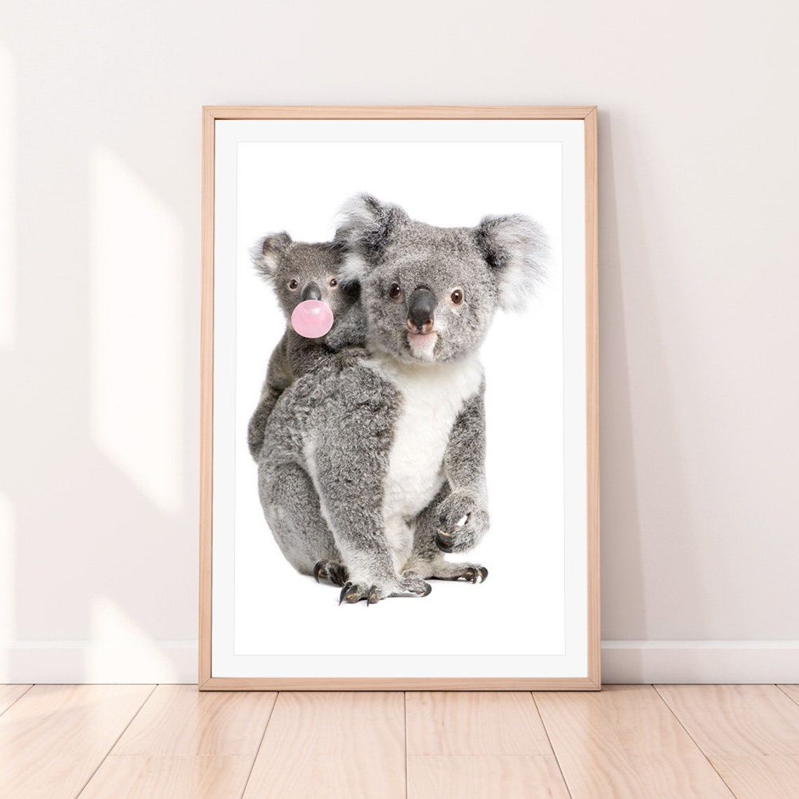 Koala Mother And Joey Blowing Pink Bubblegum Bubble Cute Poster