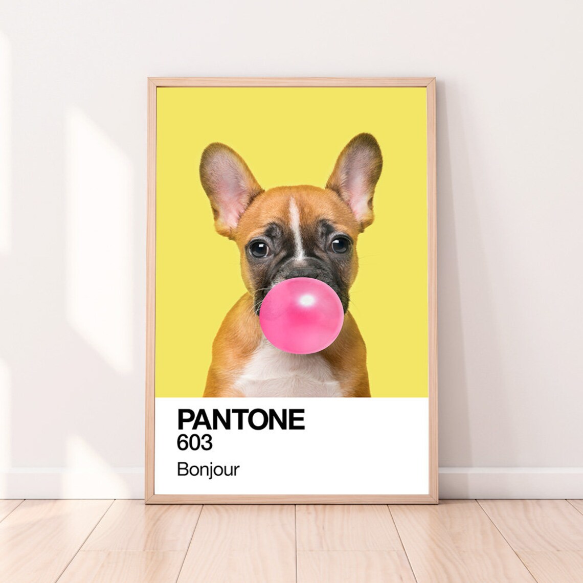 French Bulldog Blowing Pink Bubblegum Pantone 603 Bonjour Dog Poster