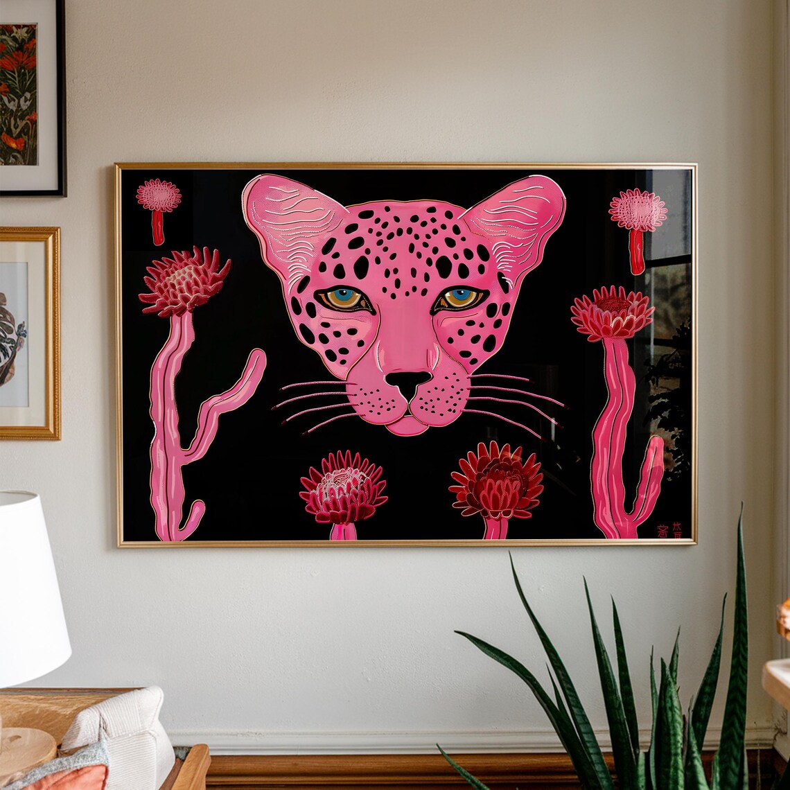 Pink Leopard Surrealist Art Print Eclectic Cactus Decor
