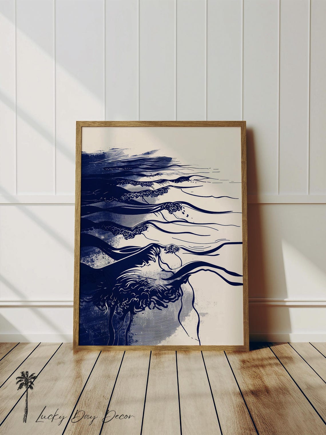Navy Blue Ink Ocean Waves Japanese Style Minimalist Art Poster