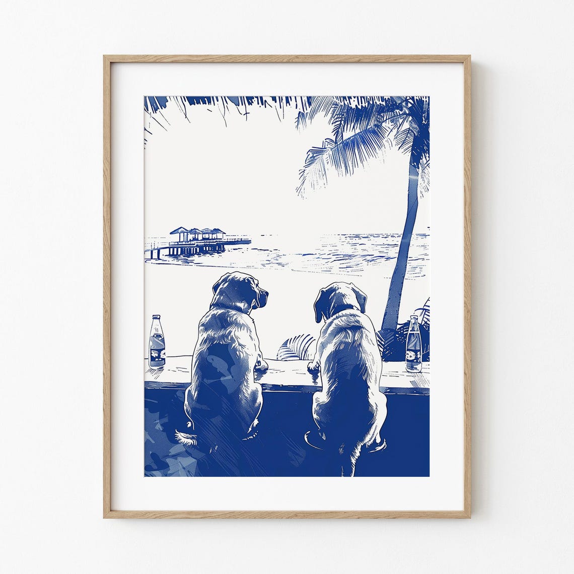 Two Labrador Dogs Beach Bar Happy Hour Navy Sketch Art Poster