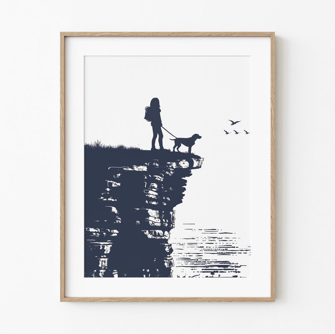 Girl with Dog Standing on Cliff Edge Navy Silhouette Art Poster