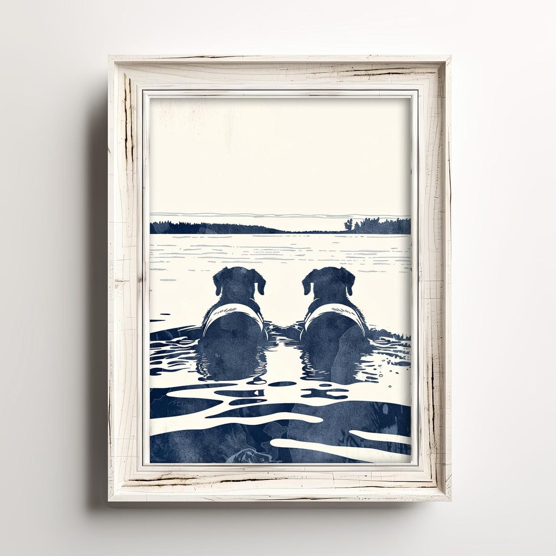 Two Water Dogs Wading Swimming Lake Navy Ink Coastal Art Poster