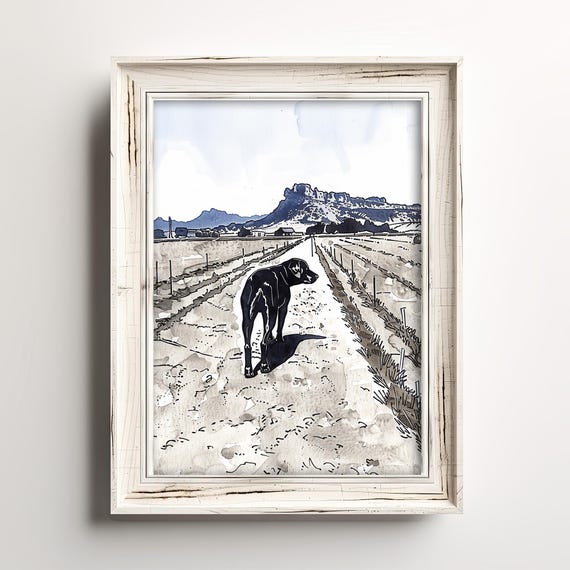 Open Field Dog Walk Country Ranch Fall Sketch Art Relaxing Lovers Print Autumn Season Wall Decor Warm Brown Blues