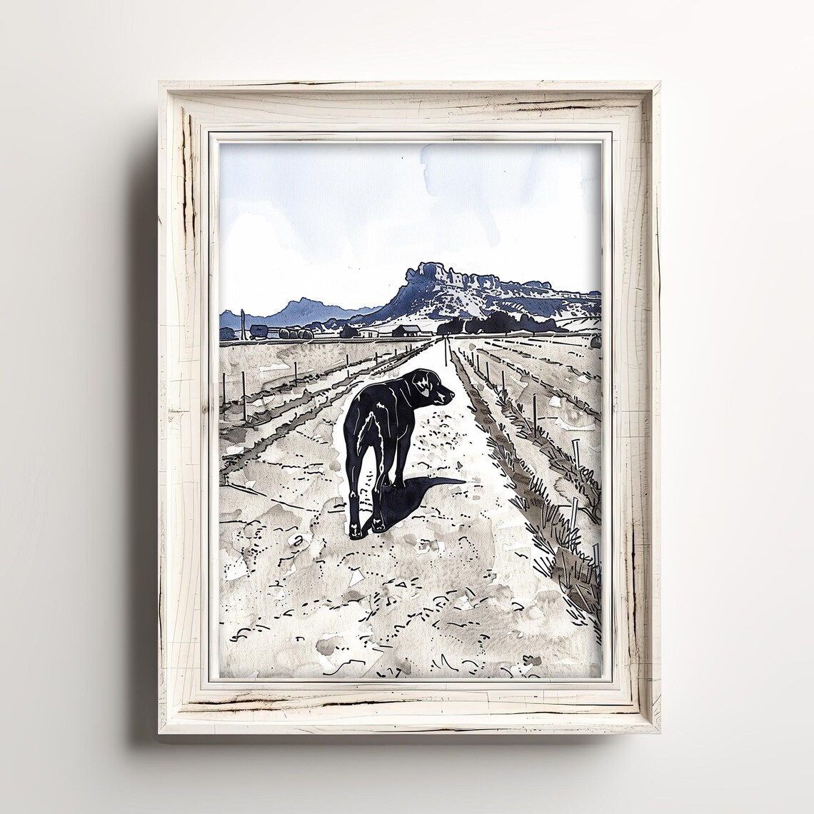 Black Dog Walking Country Road Toward Mountains Watercolor Sketch Poster