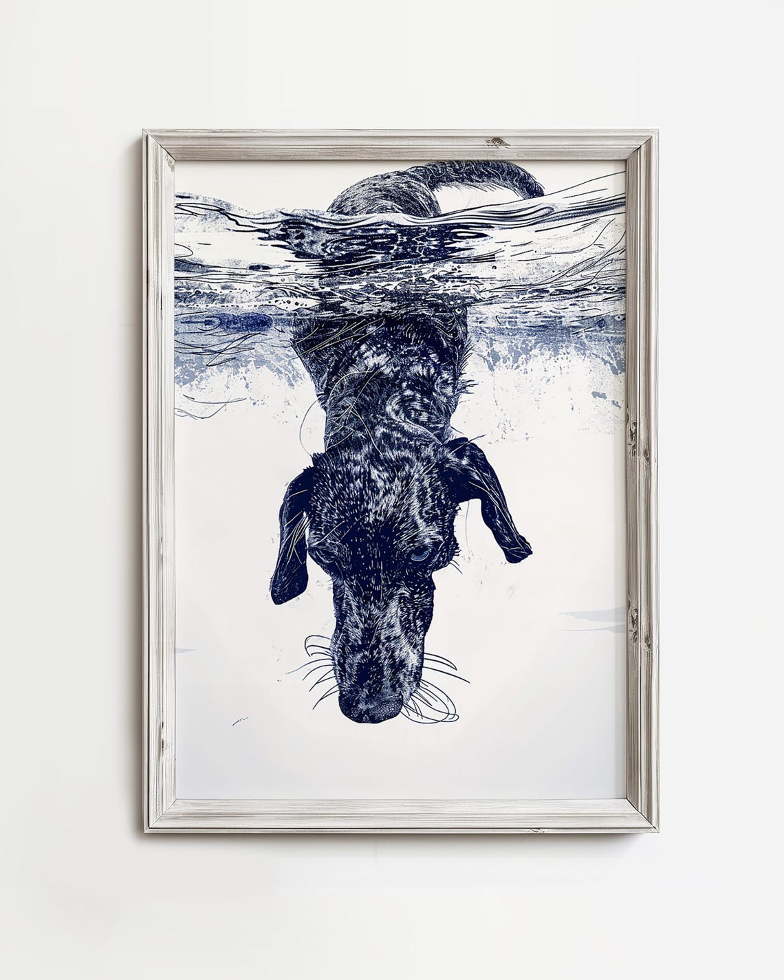 Diving Dachshund Underwater Navy Blue Ink Sketch Dog Art Poster