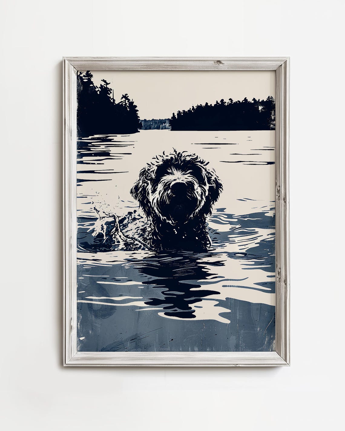 Golden Doodle Swimming Lake Navy Silhouette Summer Art Print