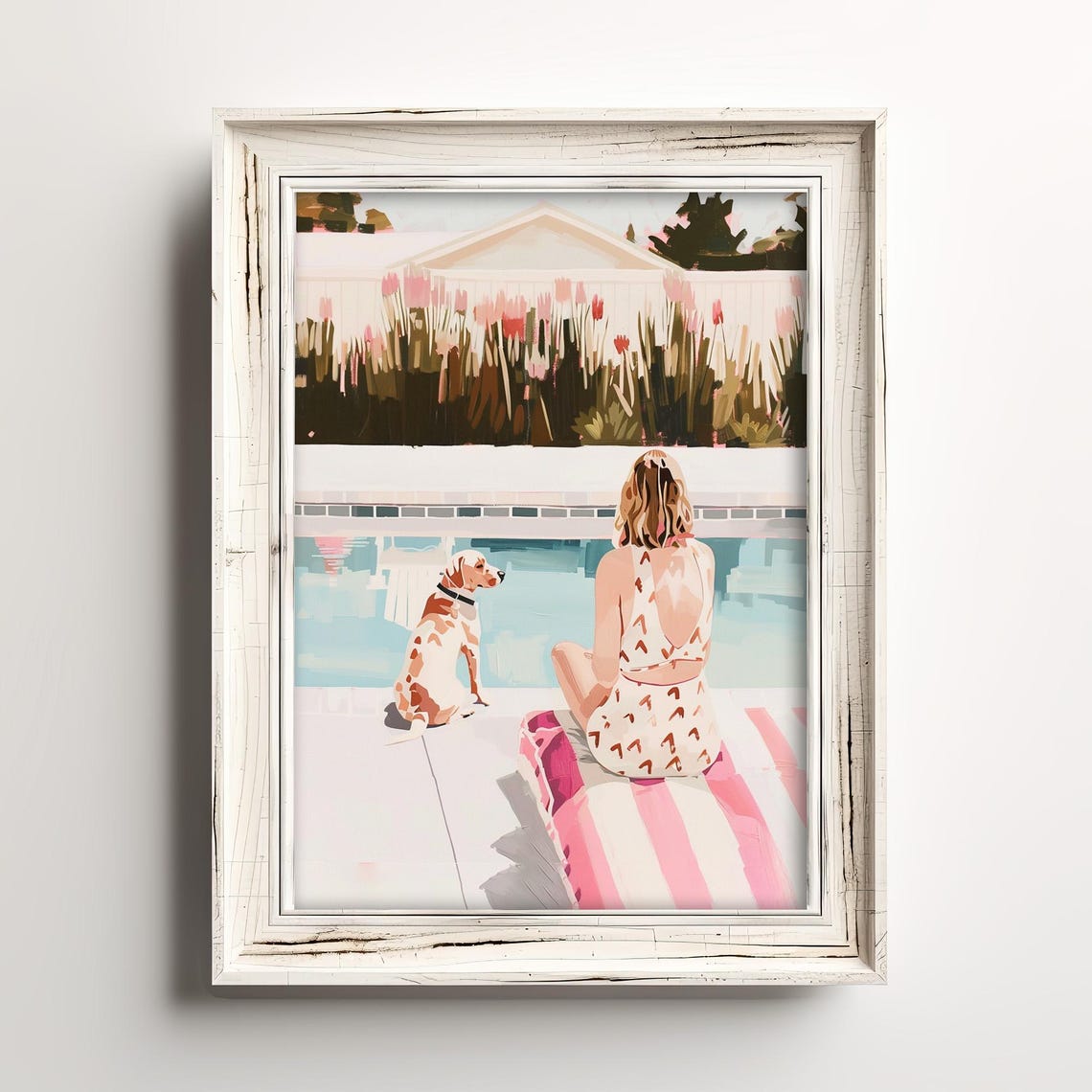 Woman And Dog By Pool Pink Float Sunny Summer Painting Poster