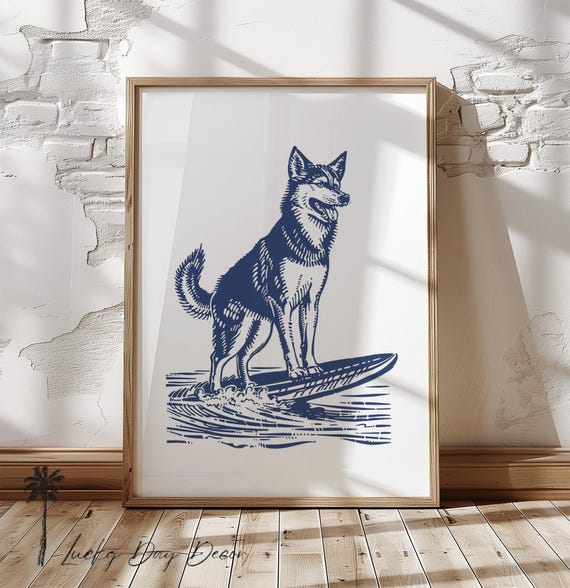 Happy Siberian Husky Sketch Fun Surfing Dog Coastal Home Decor Surfs Up Pups Beach Cottage Print Minimalist Blue