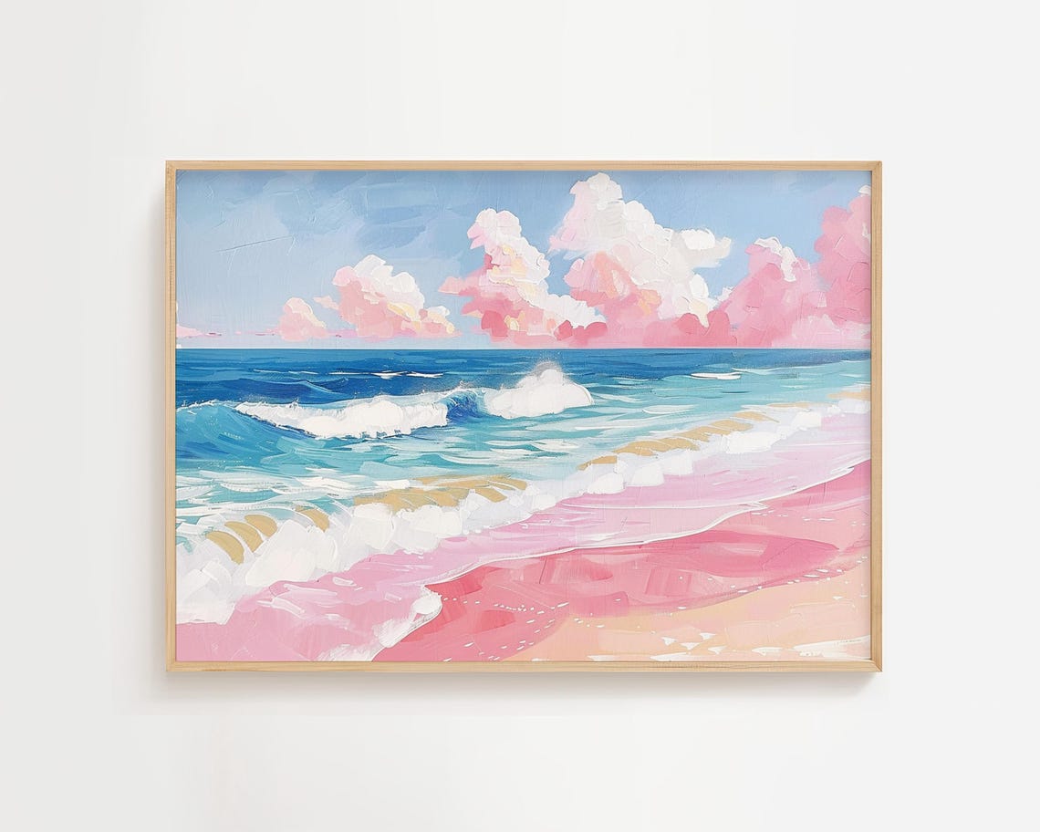Pink Beach Ocean Waves Impressionist Coastal Painting Poster