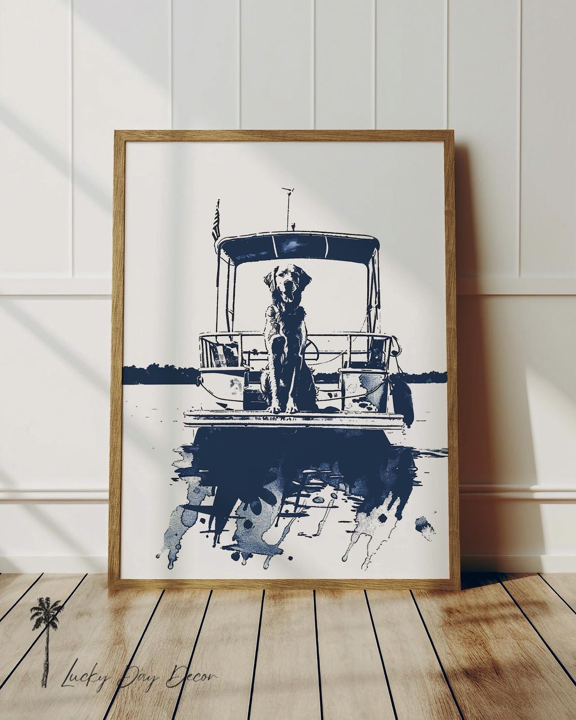 Golden Retriever on Pontoon Boat Navy Monochrome Lake Art Poster