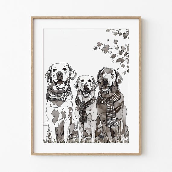 Fall Dogs In Scarves Muted Dog Sketch Art Lovers Print Autumn Season Wall Decor Simplistic Brown