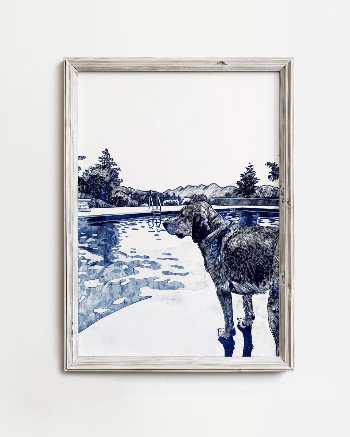 Large Dog Watching Over Swimming Pool Navy Blue Ink Sketch Poster