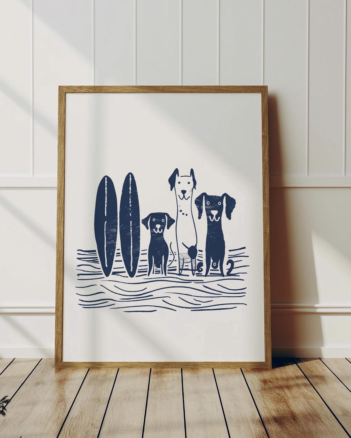 Three Dogs with Surfboards Navy Minimalist Beach Illustration Poster