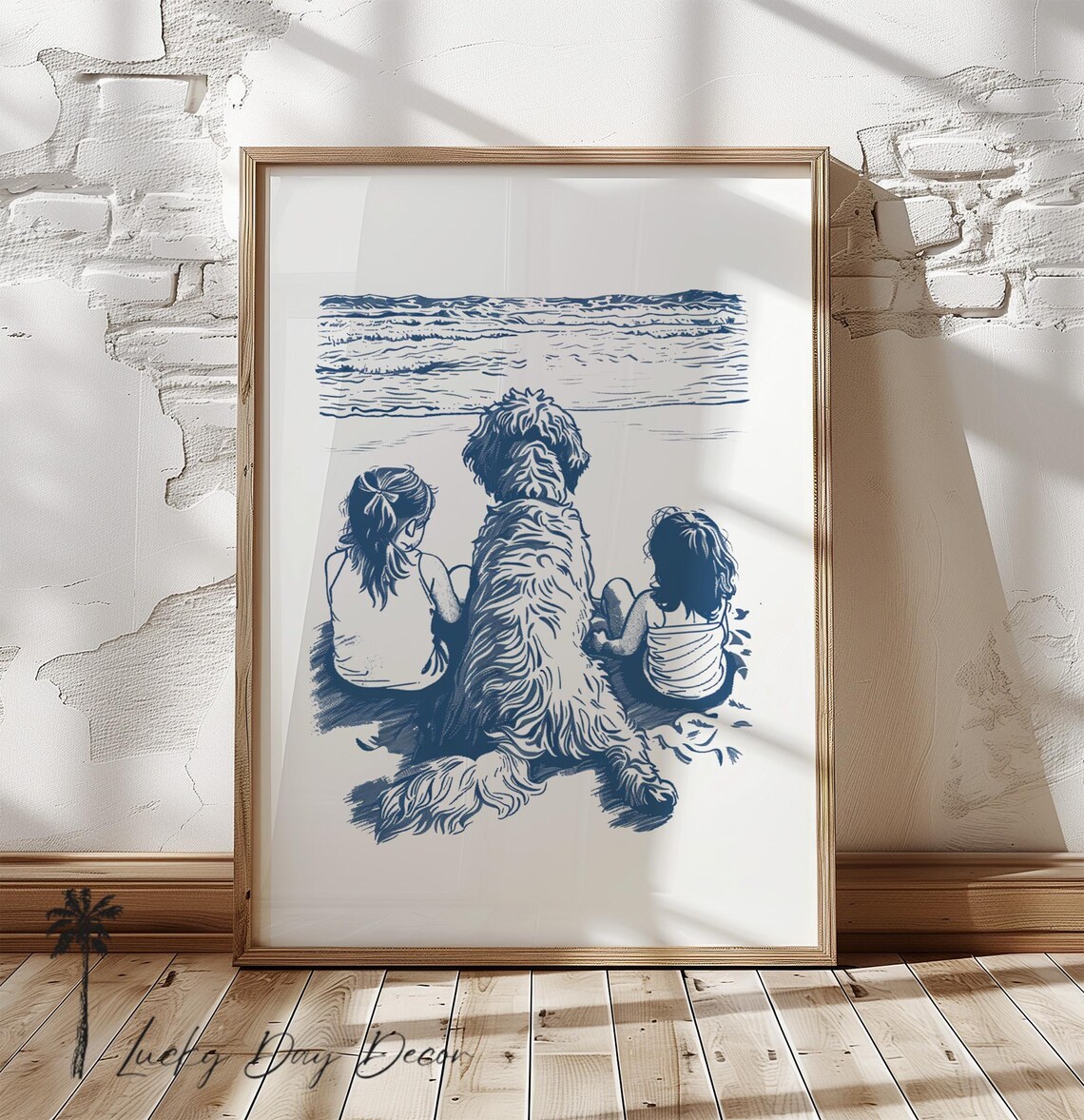 Happy Beach Doodle With Girls, Vintage Coastal Art Print