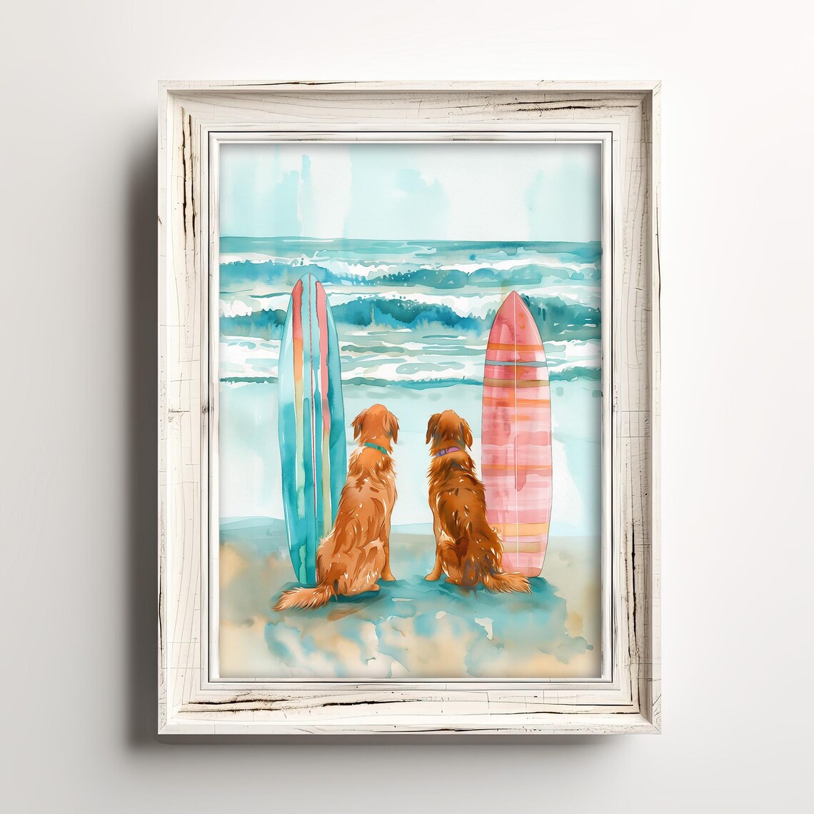 Golden Retrievers With Surfboards Poster Beach Dogs Watercolor Fun
