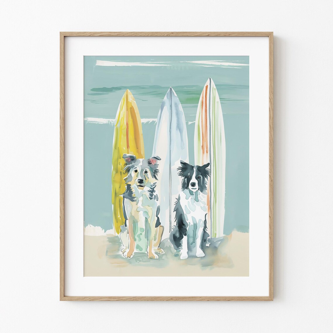 Australian Shepherd Surf Dogs Coastal Watercolor Art Print