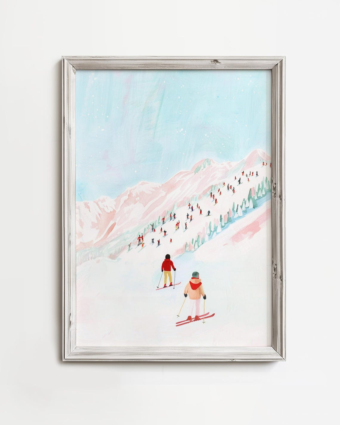 Watercolor Skiers On Pink Snowy Mountain Soft Winter Art Poster
