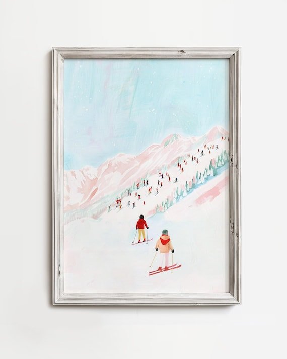 Watercolor Skiers On Pink Snowy Mountain Soft Winter Art Poster
