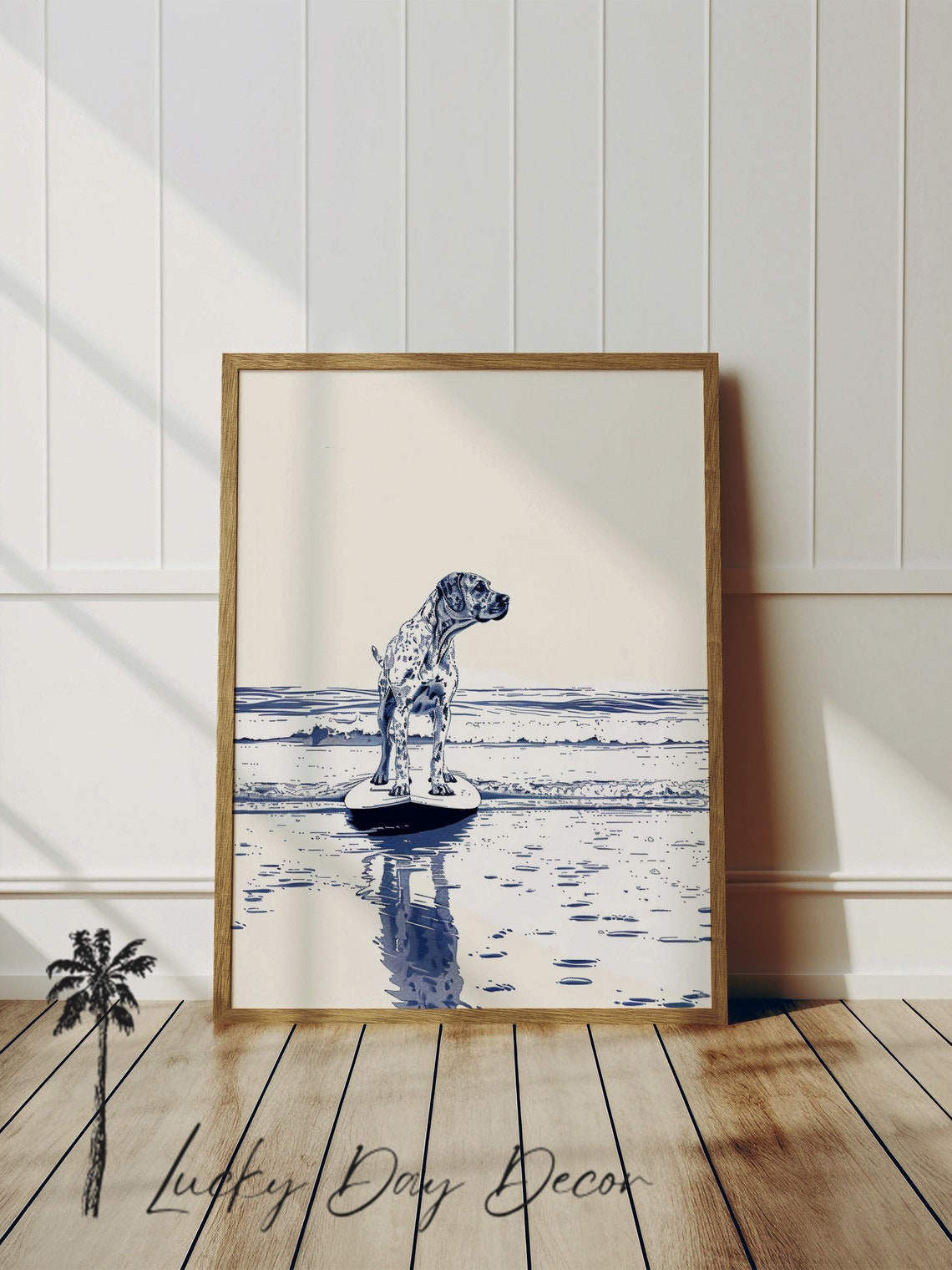 Funny Mastiff Dog Surfing Waves Navy Blue Coastal Sketch Poster