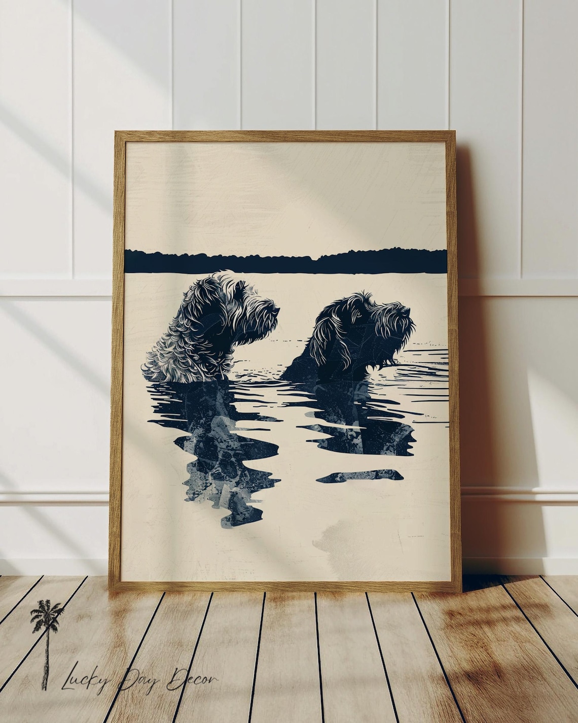 Two Doodles Swimming Side By Side In Lake Navy Ink Happy Water Dogs Poster