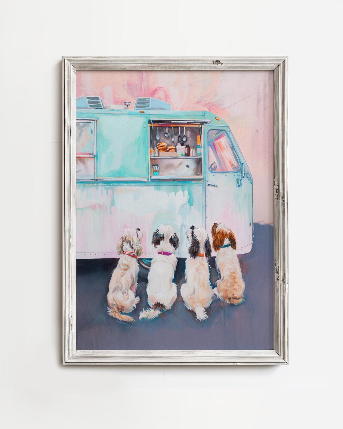 Doodle Dogs Waiting Retro Food Truck Art Whimsical Colorful Painting Pink Blue Watercolor Funny Canine Pastel Wall Decor Print