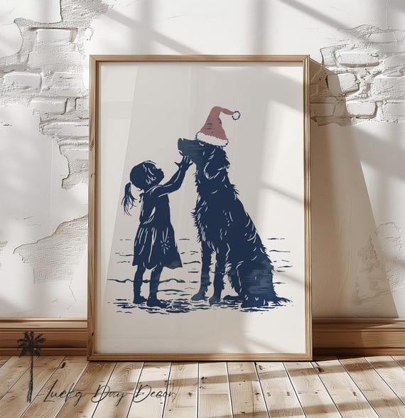 Beach Dog Santa Hat With Girl Cute Vintage Coastal Print Nursery Room Wall Art Adorable Home Decor Simple Navy Blue Sketch