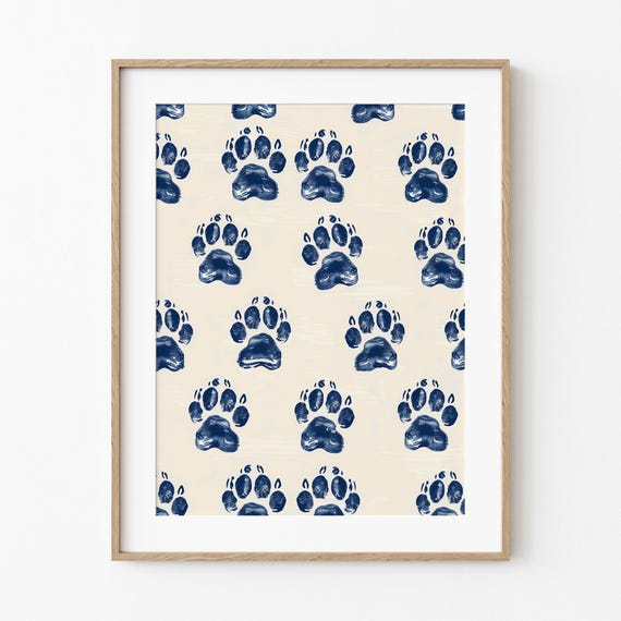 Dog Paw Print Pattern Art Print, Minimalist Blue Sketch