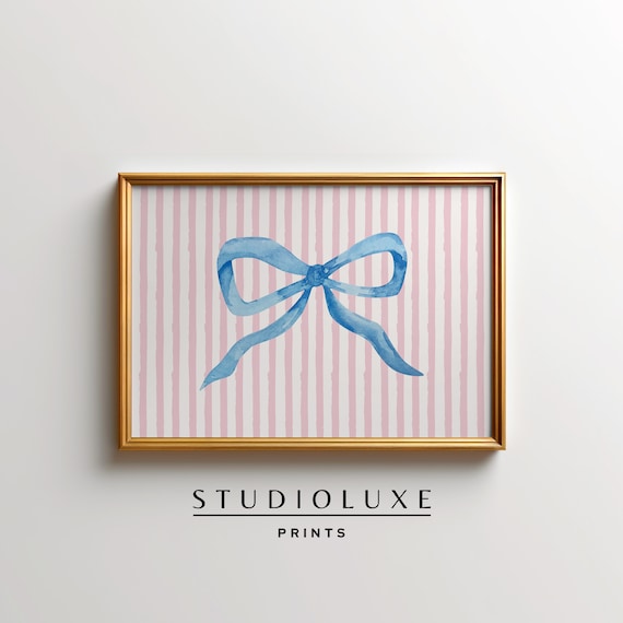 Blue Watercolor Bow on Pink Stripes Preppy Nursery Room Wall Art