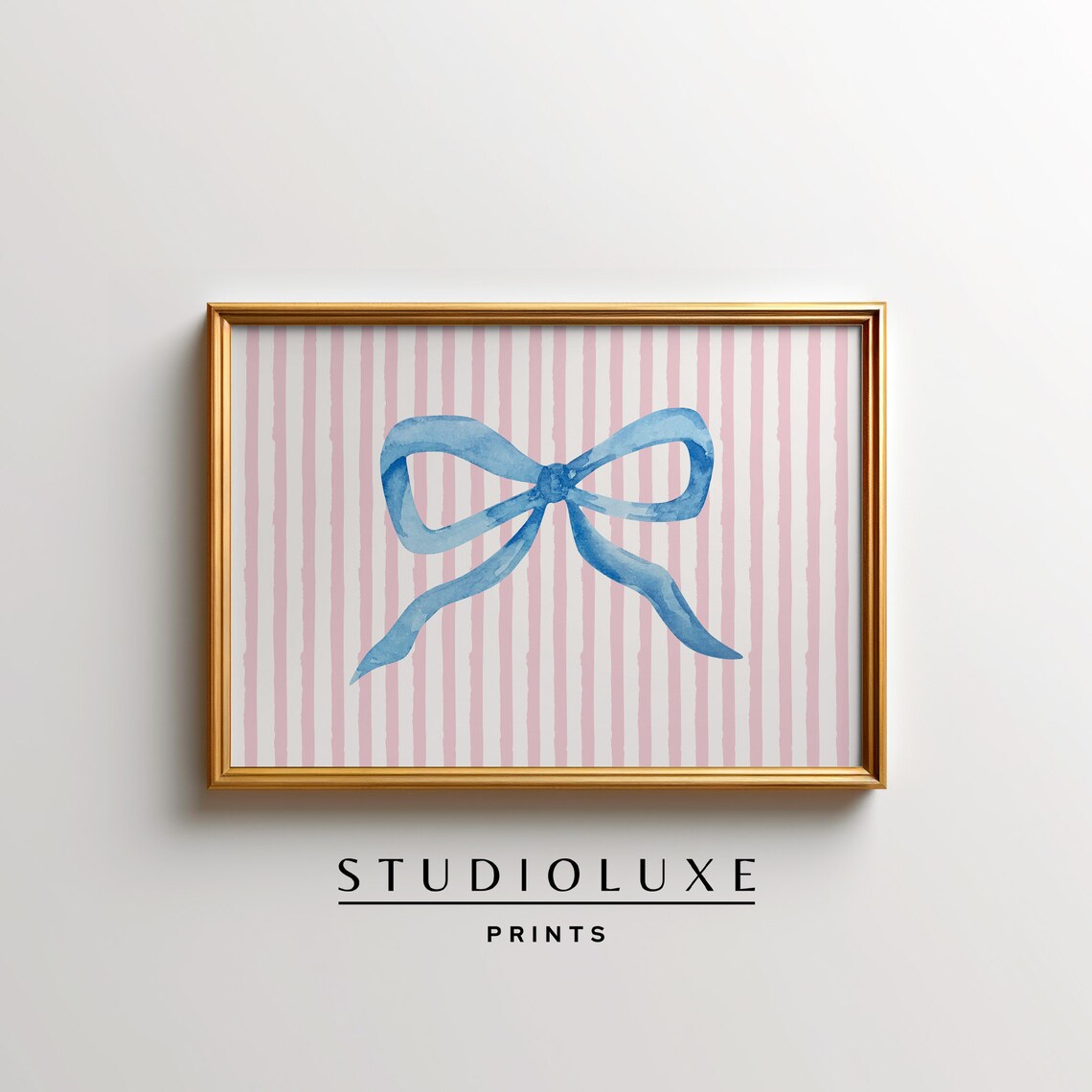 Blue Watercolor Bow on Pink Stripes Preppy Nursery Room Wall Art