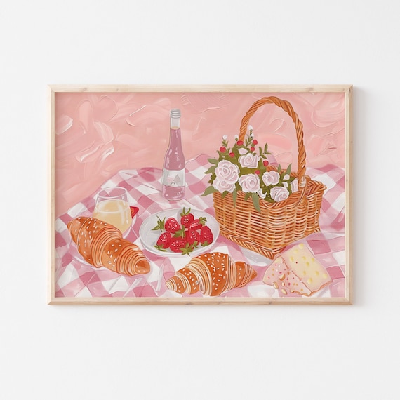 Pink Picnic Spread Croissants Strawberries Cheese Still Life Art Poster