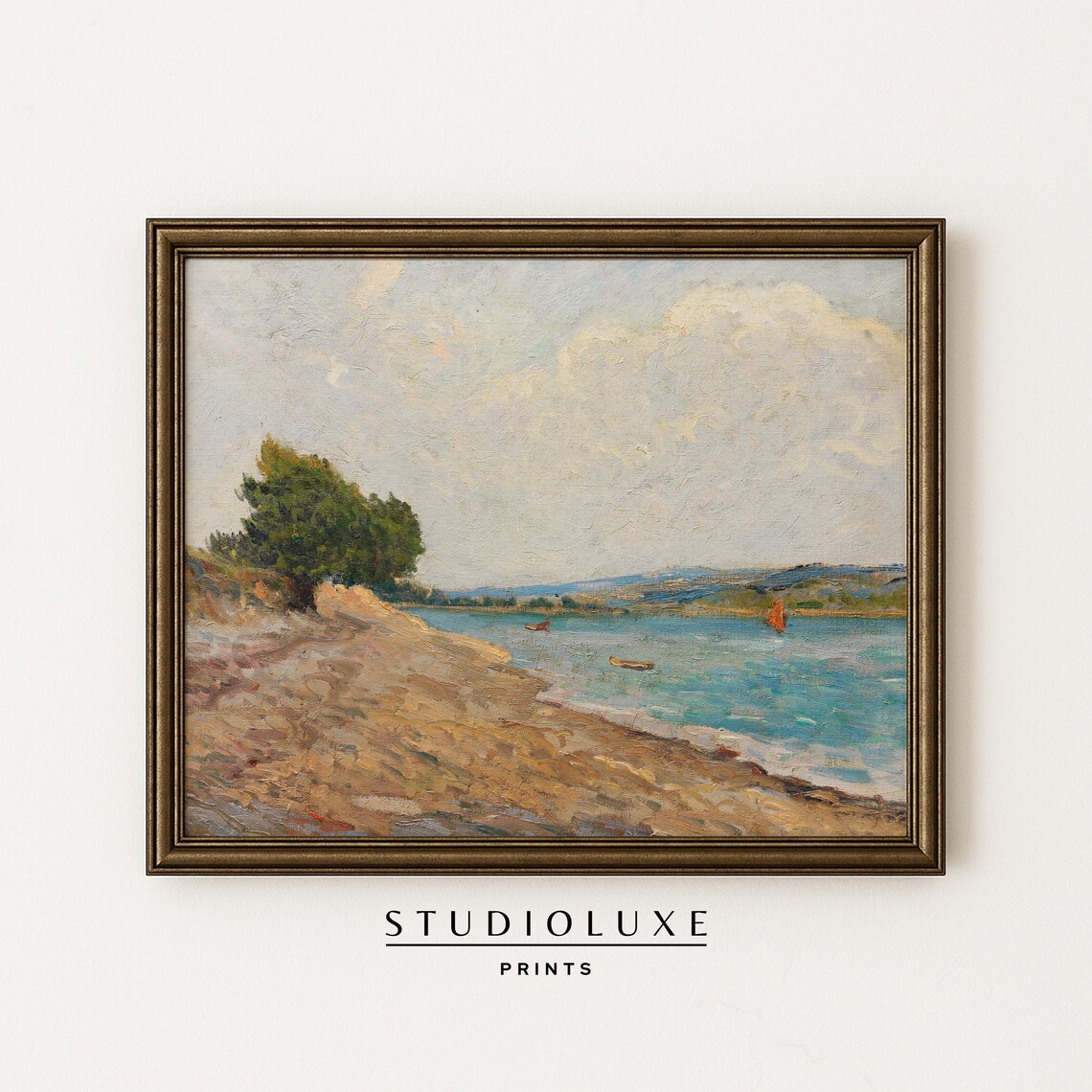 Impressionist Coastal Shoreline Poster Rocky Beach Sailboats Hills Art
