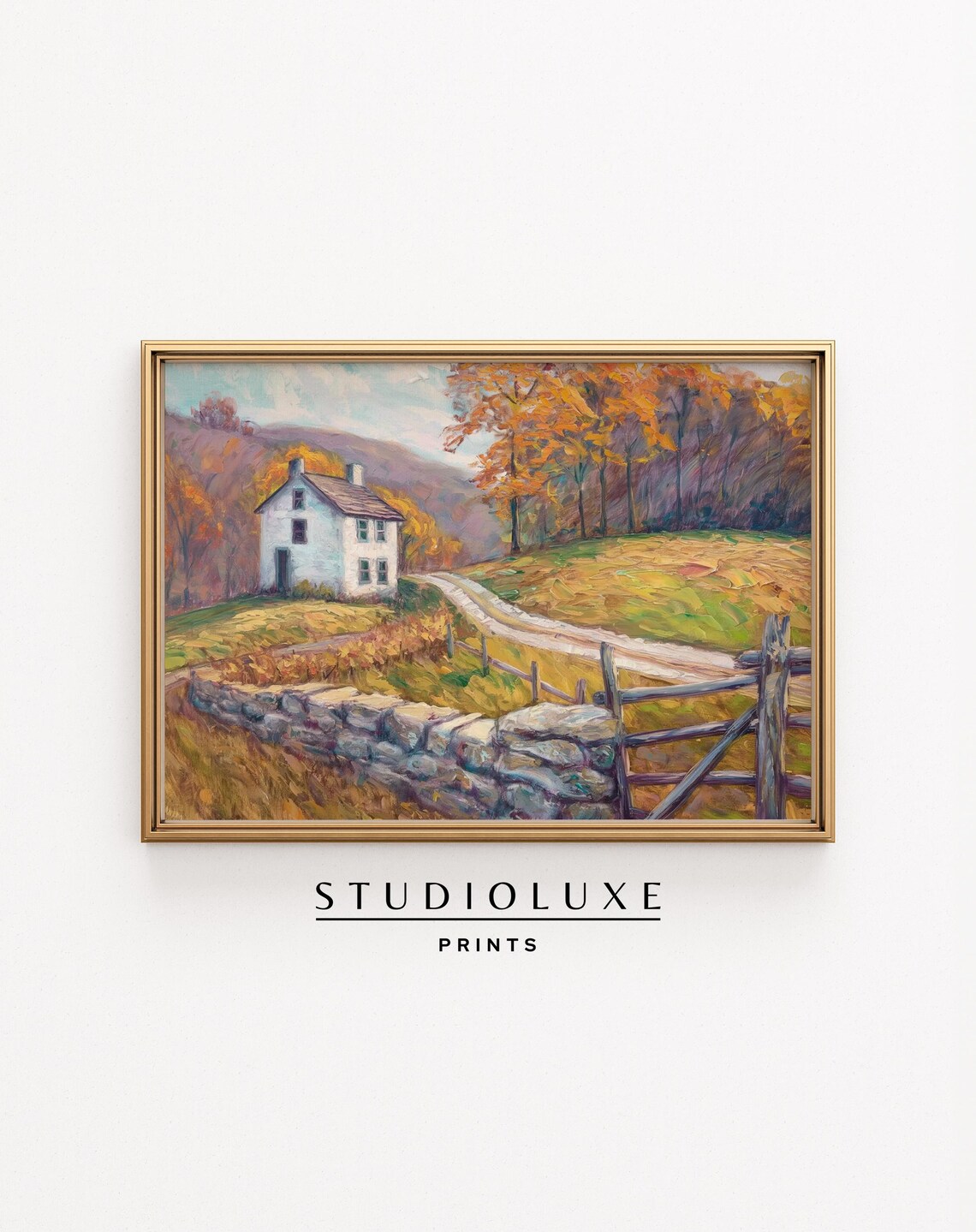 White Farmhouse Autumn Road Poster, Stone Wall Landscape Oil Painting