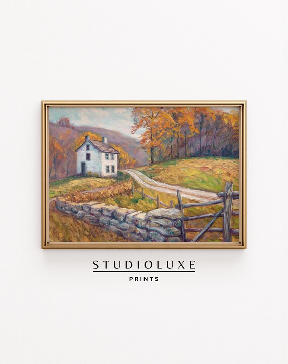 White Farmhouse Autumn Road Poster, Stone Wall Landscape Oil Painting