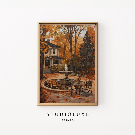 Autumn Courtyard Fountain Cafe Table Fall Garden Patio Wall Art