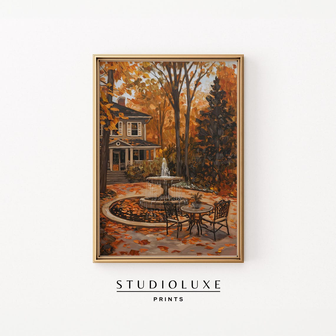 Autumn Courtyard Fountain Cafe Table Fall Garden Patio Wall Art