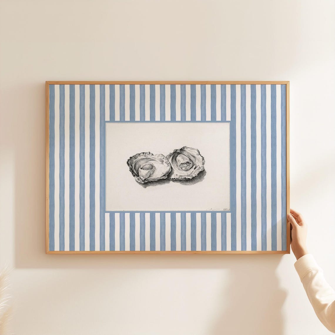 Vintage Oyster Sketch on Blue Stripes Coastal Kitchen Art Poster