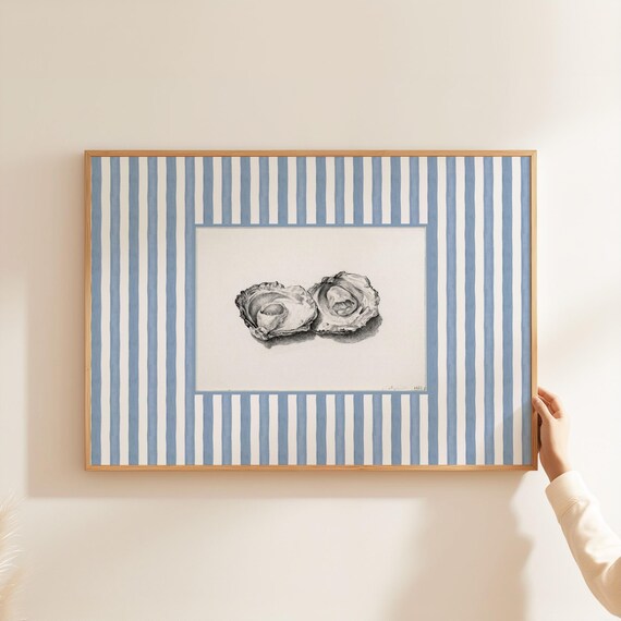 Vintage Oyster Sketch on Blue Stripes Coastal Kitchen Art Poster