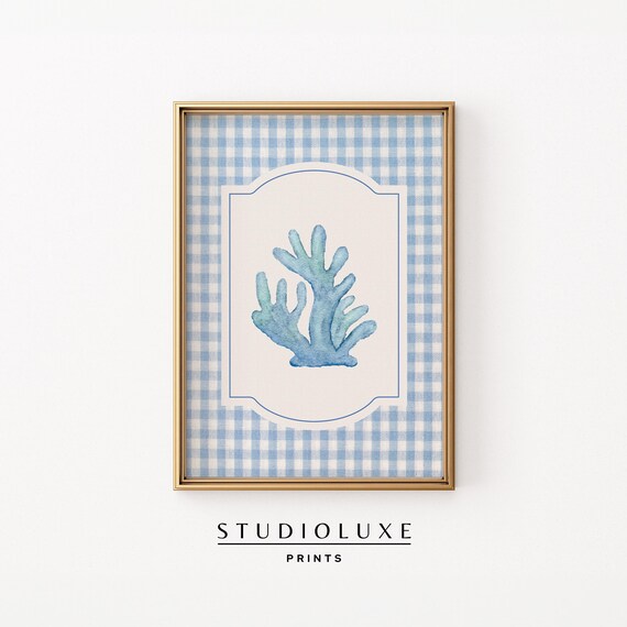 Gingham Coral Print Coastal Wall Art Granddaughter Prints Kitchen Decor Trendy Apartment