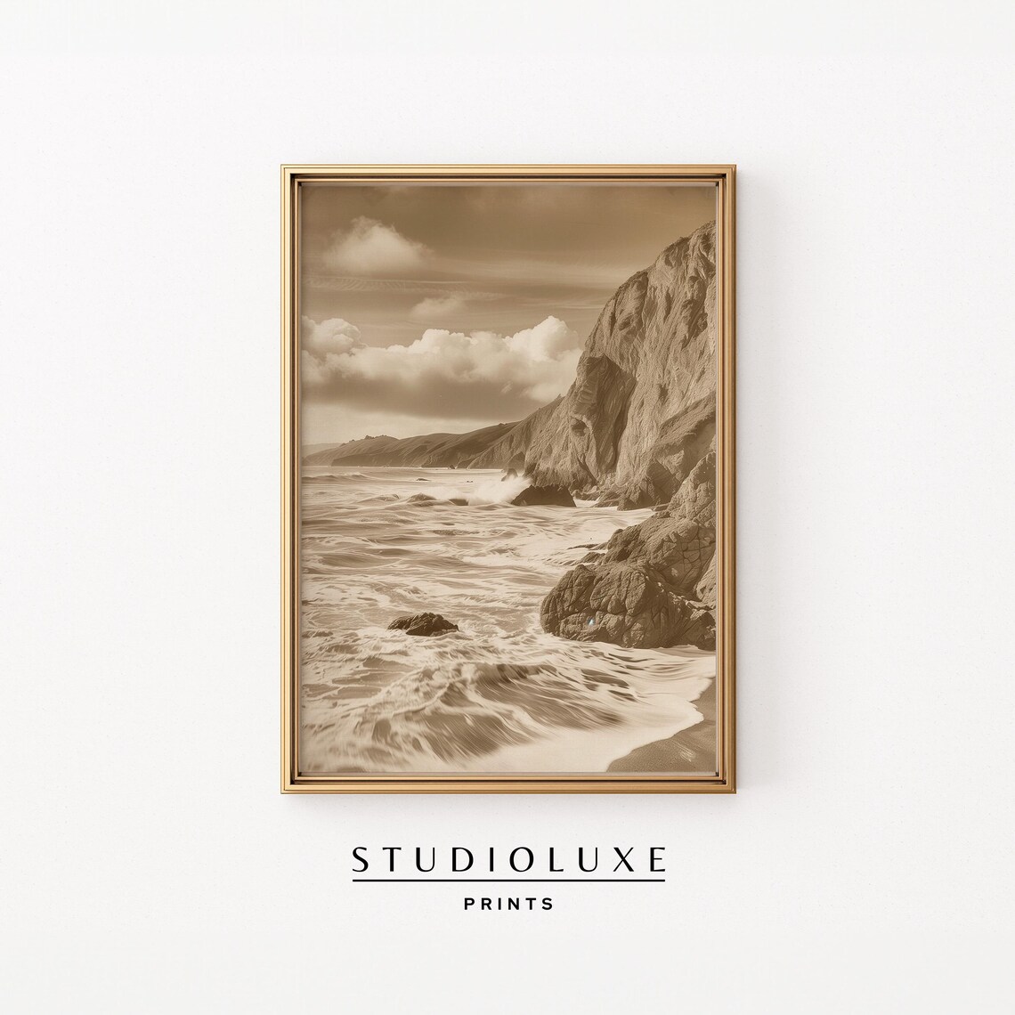 Sepia Photograph of Waves Crashing Against Rocky Cliffs Print