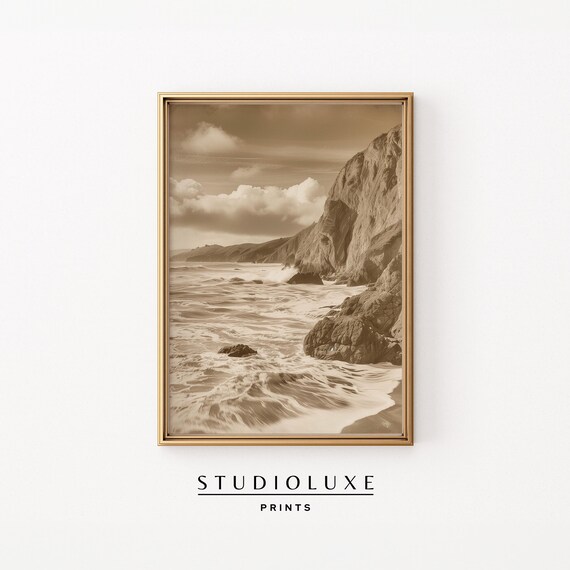 Sepia Photograph of Waves Crashing Against Rocky Cliffs Print