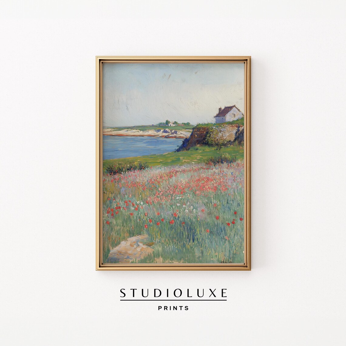 Red Poppy Meadow Coastal Cottage Impressionist Painting Poster
