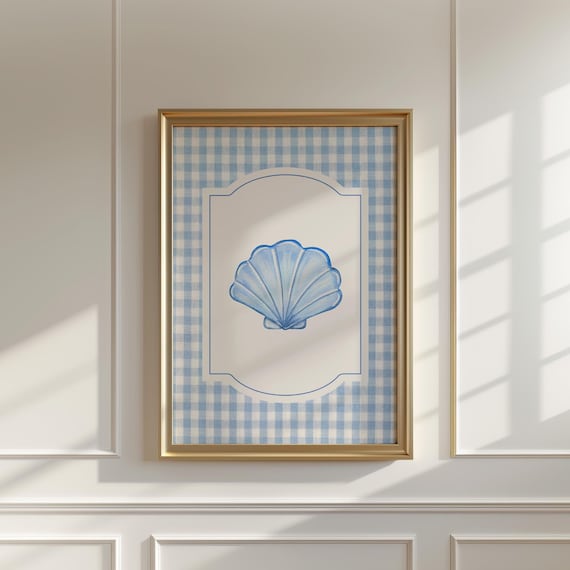 Blue Scallop Seashell Watercolor Label On Blue Gingham Art Poster