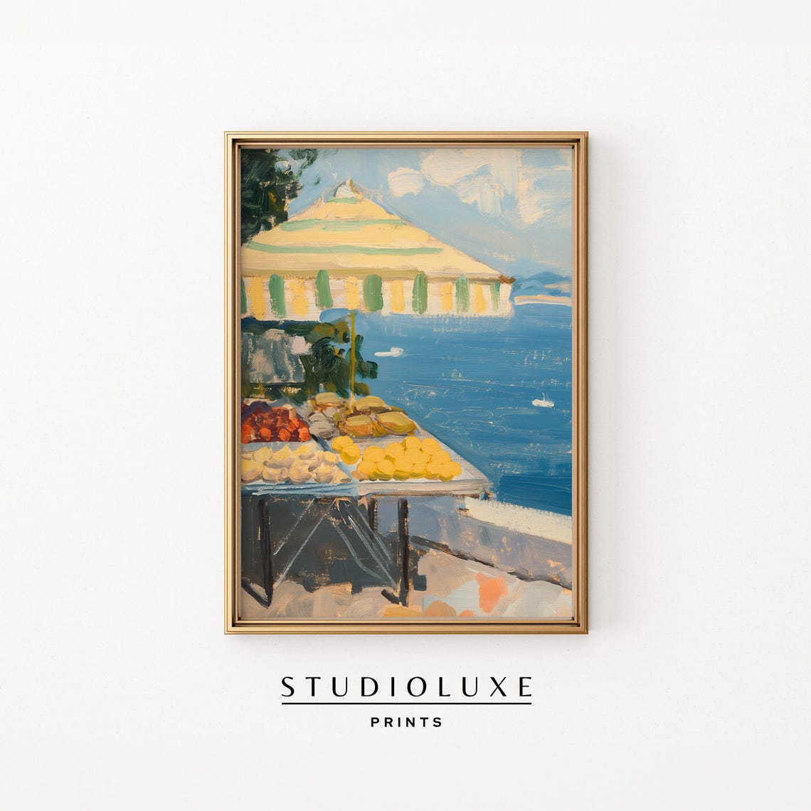 Italian Seaside Fruit Market Stand Lemons Umbrella Oil Poster