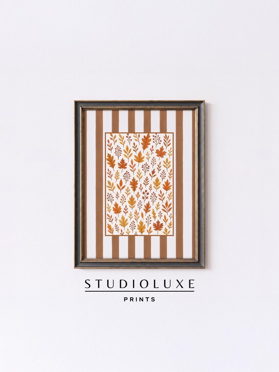 Earthy Autumn Leaf Pattern Poster on Striped Background, Fall Botanical