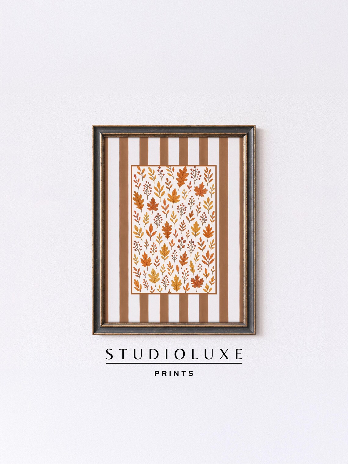 Earthy Autumn Leaf Pattern Poster on Striped Background, Fall Botanical