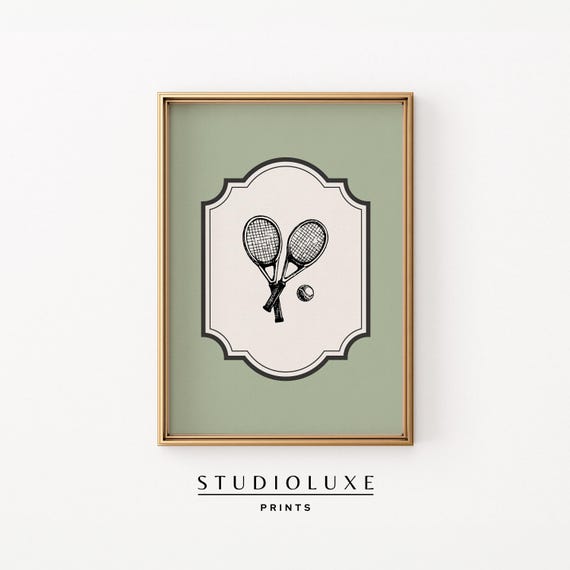 Tennis Racquet Print Vintage Sportscore Gallery Wall Art Sports Masculine Decor Sage Green