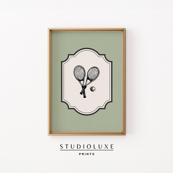 Vintage Tennis Rackets Sketch Sage Green Sports Decor Illustration Wall Art