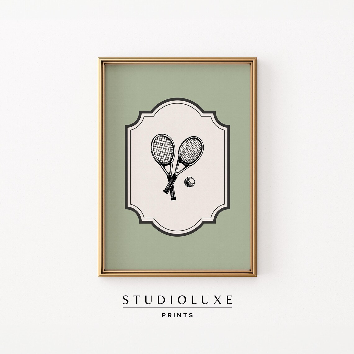 Vintage Tennis Rackets Sketch Sage Green Sports Decor Illustration Wall Art