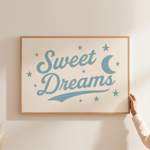 Sweet Dreams Moon and Stars Cream Nursery Retro Bedtime Wall Art
